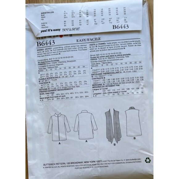 See & Sew  Jacket Sewing Pattern # B6443 Sizes OS New - Picture 3 of 4